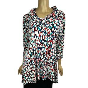 Chaus New York Cowl Neck Top Blouse 3/4 Sleeve Size L Multi-Color Asymmetric Hem